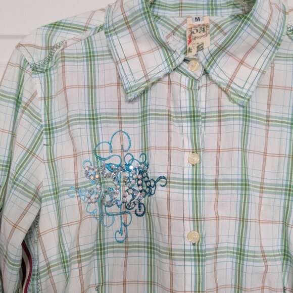 J3 Workshop Johnny Was Fairy Tails Shirt Womens Size Medium Green Plaid Floral - Picture 2 of 15